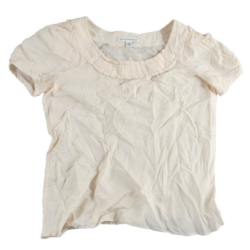 Banana Republic Blouse Women XS Ivory Cream Pleated Neck Short Sleeve Silk Blend